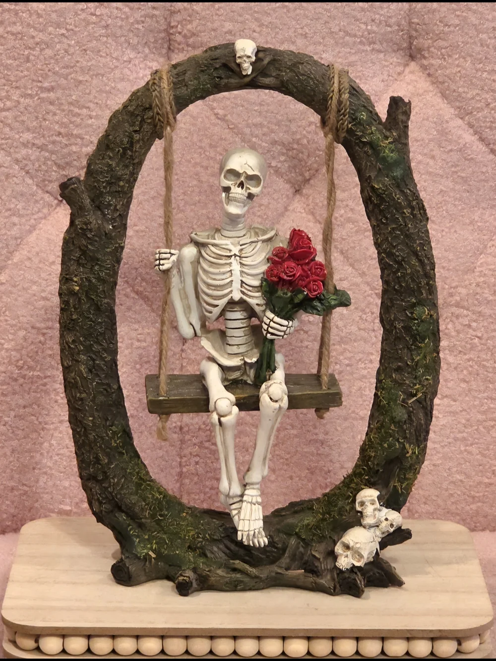 Skeleton on Swing Figurine with Red Roses